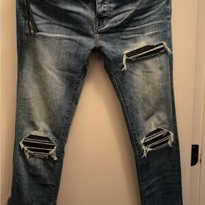 AMIRI Mx1 Black Leather Distressed Ripped Blue Skinny Jeans